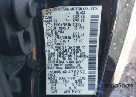 2008 Nissan Frontier Se from USA, damaged, VIN 1N6AD06UX8C436252